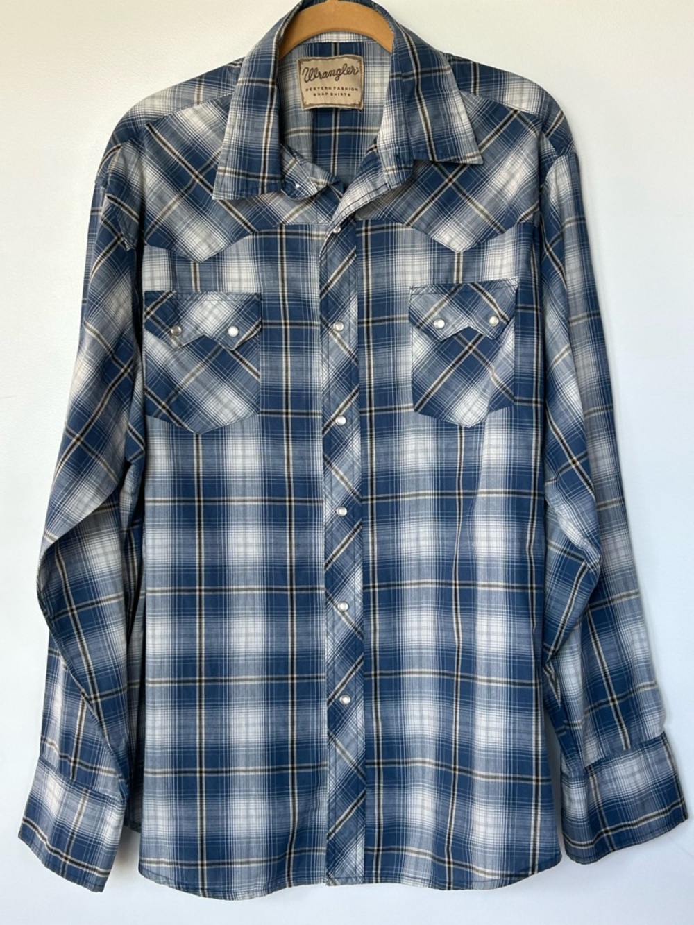 Wrangler Western Pearl Snap Shirt Mens Blue Plaid Long Sleeve Pockets